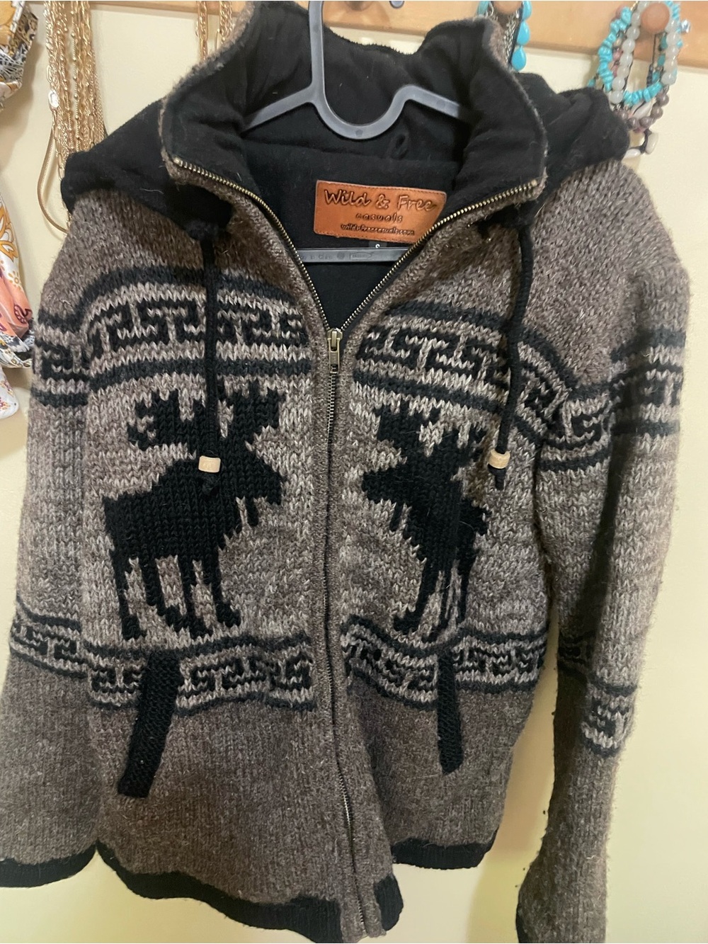 Unisex Brown Zip Hoodie Sweater with Black Moose Motif